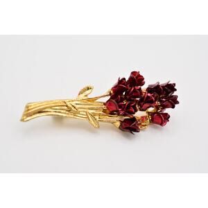 Vintage Boquet Pin Brooch Red Roses Brushed Gold Tone BinAC